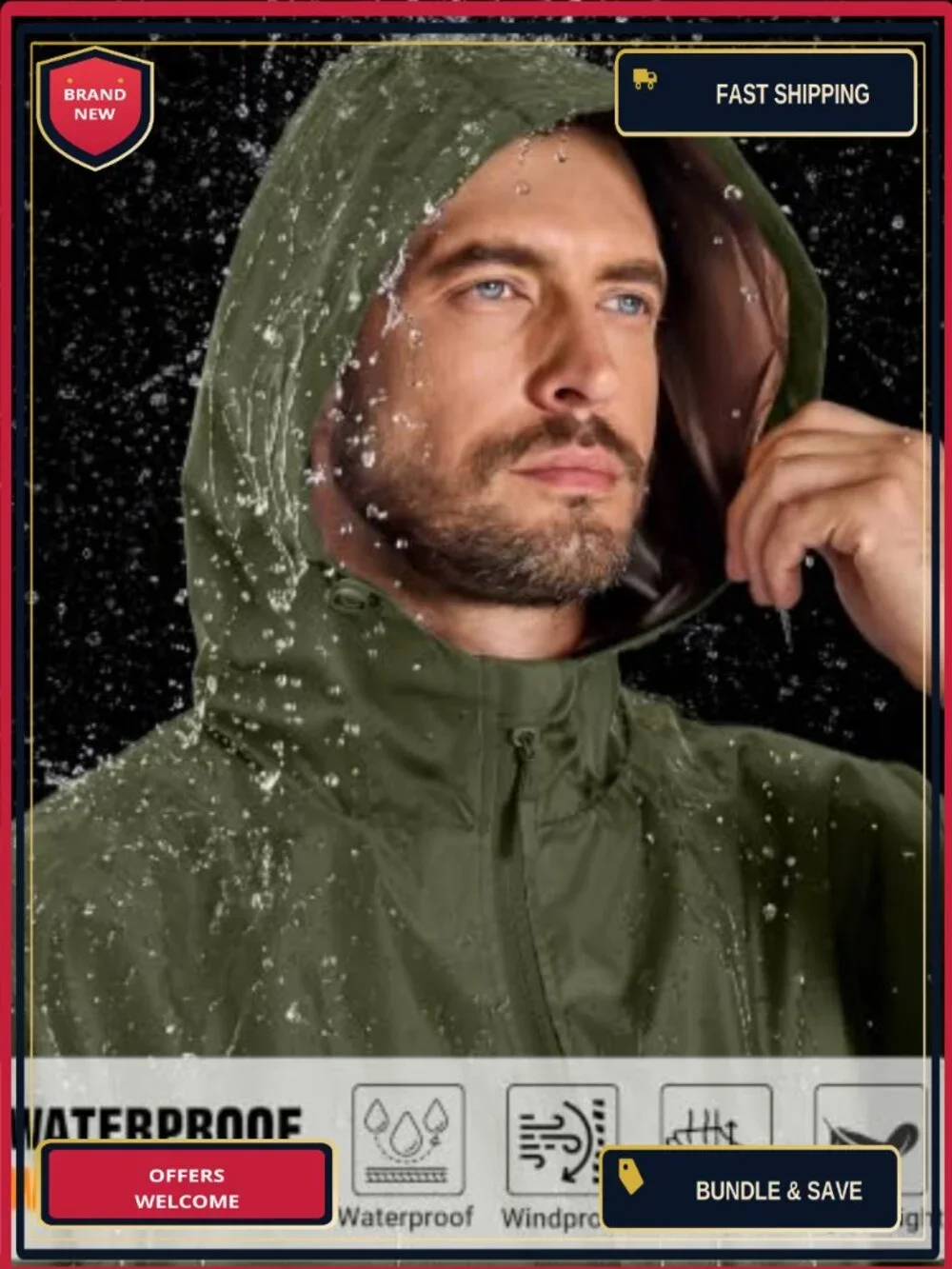 Men's Waterproof Rain Jacket Hooded Packable Windbreaker Lightweight Outdoor